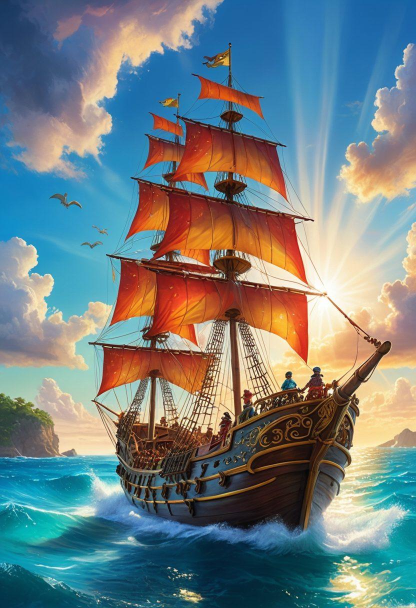A whimsical pirate ship sailing across a sunlit ocean, filled with a crew of joyful buccaneers laughing and sharing stories. Colorful banners flutter in the breeze as dolphins leap playfully beside the ship. The sky is a bright azure, dotted with fluffy white clouds, and the sun radiates warmth. Magical elements like sparkles or fairy lights can be seen around the ship, enhancing the happiness theme. vibrant colors. painting.