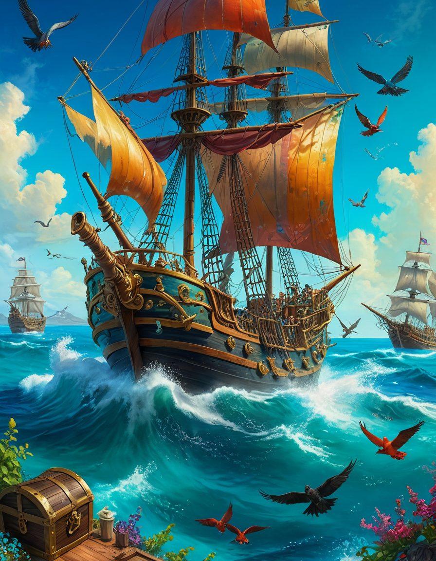 A vibrant scene depicting cheerful corsairs aboard a colorful pirate ship, sailing through sparkling turquoise waters under a bright blue sky. Emphasize the joyous expressions of the crew, with treasure chests and exotic birds in the background, capturing the spirit of adventure and elation. The atmosphere should be lively and cheerful, inviting the viewer into a world of excitement. digital painting. vibrant colors. whimsical style.