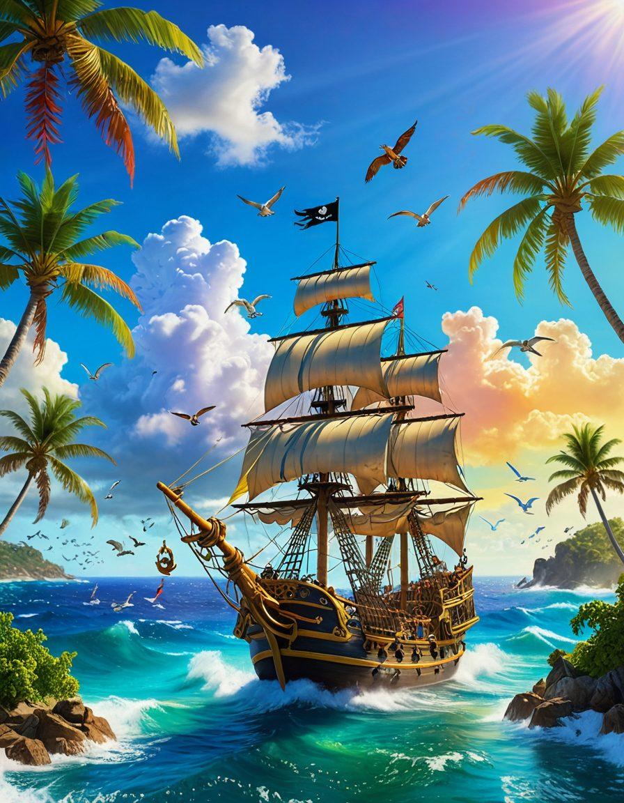 A vibrant pirate ship sailing across a sunlit ocean, with jubilant pirates joyfully celebrating on deck, surrounded by colorful waves and seagulls. In the background, a treasure island peeks through tropical palm trees, embodying adventure and happiness. The sky is a brilliant blue with fluffy clouds, enhancing the cheerful mood of the scene. 3D illustration. vibrant colors. fantasy style.